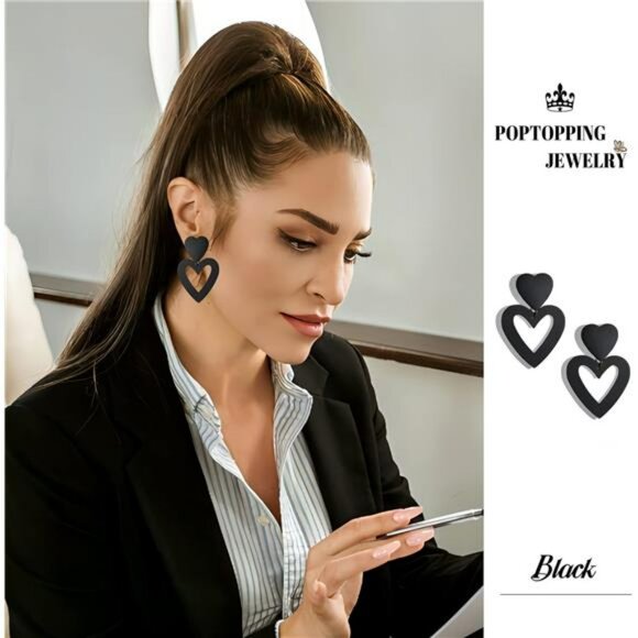 Black Double Heart Dangle Earrings Love Drop Earrings for Women Valentines Gift - Picture 3 of 7